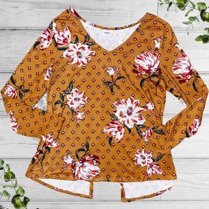 Daytrip Brown Floral Boho Long Sleeve Blouse, Womens Medium